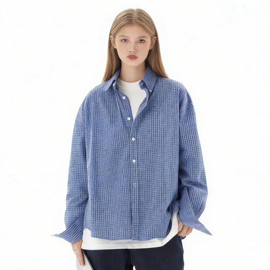 REINAREA Unisex American Retro Blue Plaid Long-Sleeve Shirt - Casual Couple Style Shirt Jacket【070】
