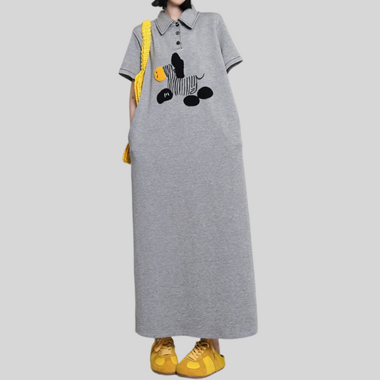 REINAREA New Spring & Summer Printed Lapel Dress Women Loose Straight Long Dress