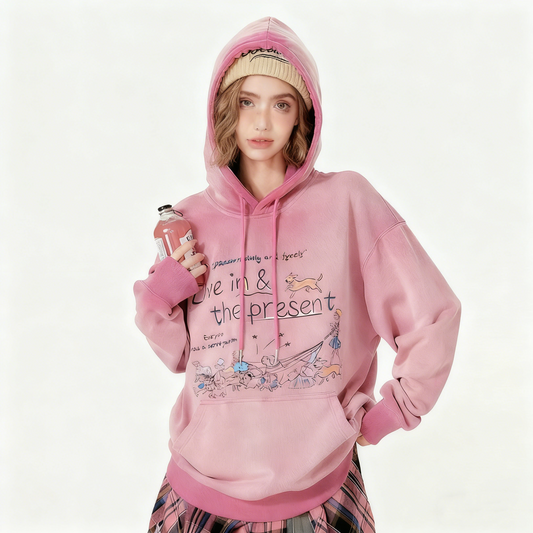 REINAREA Women’s American Retro Hooded Sweatshirt - Printed, Washed Vintage Loose Top