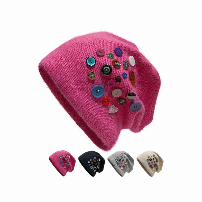 REINAREA Women’s Colorful Button Knitted Slouchy Beanie - Stylish Pull-On Cold Hat Winter & Autumn