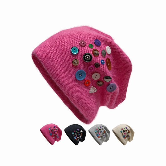 REINAREA Women’s Colorful Button Knitted Slouchy Beanie - Stylish Pull-On Cold Hat Winter & Autumn