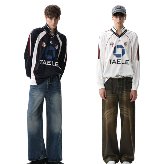 REINAREA American Retro Color Block Jersey  Men's Sports Long Sleeve T-Shirt