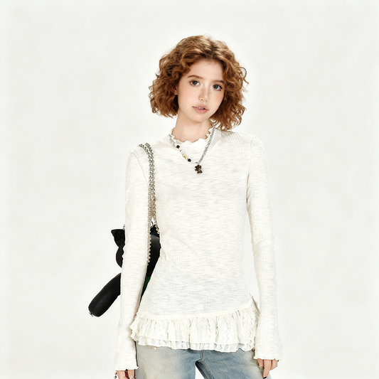 REINAREA Vintage Lace-Paneled Crewneck Long-Sleeve T-Shirt