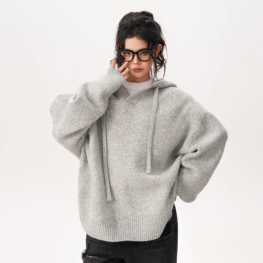 New Winter Style Loose-Fit Hooded Knit Sweater (Black & Gray)