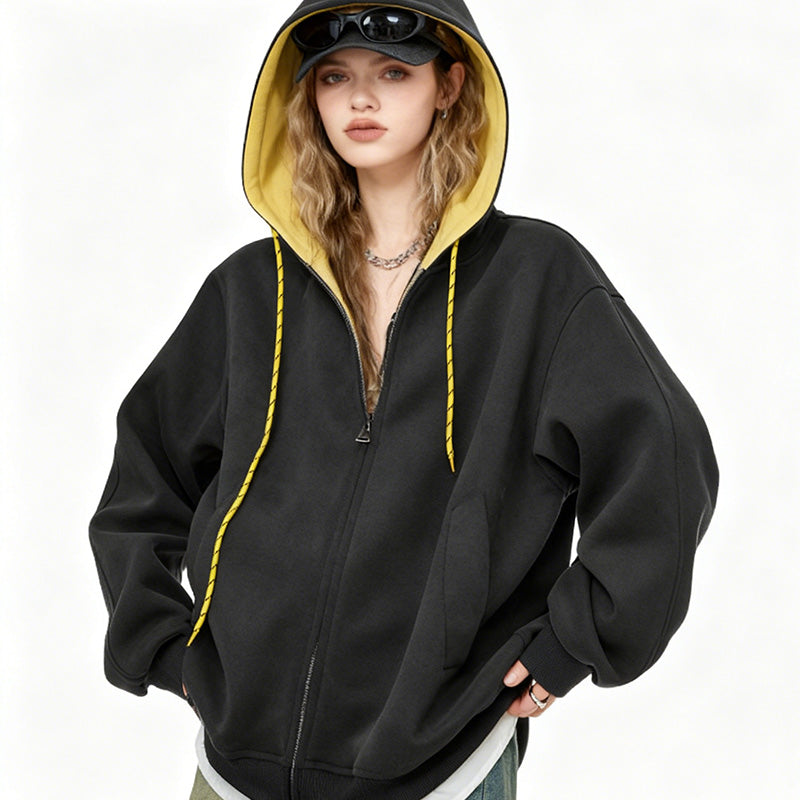 REINAREA Fleece-Lined Hooded Loose Sweatshirt Cardigan(Gray,Navy Blue,Dark Gray)