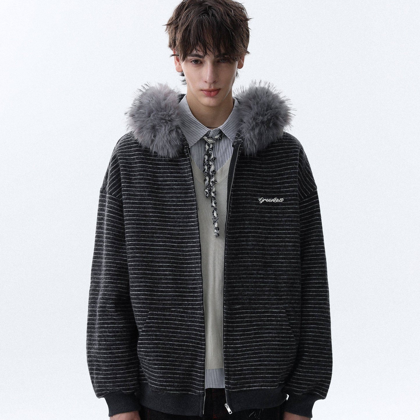 REINAREA Men's Striped Fleece Hoodie Zippered Cardigan with Removable Fleece Collar