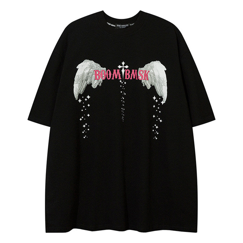 REINAREA Ink Wash Painting Angel Wings Print T-Shirt Unisex American Street Style Cotton Short-Sleeve Top