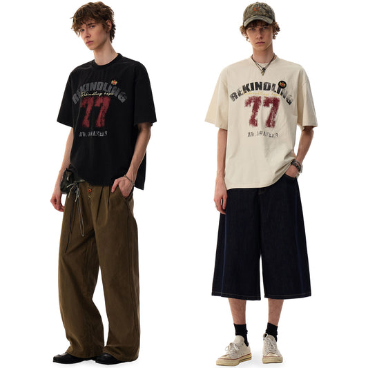 REINAREA Unisex American Retro Summer Couple’s Athletic Short-Sleeve T-Shirts Cotton Half-Sleeve Tops