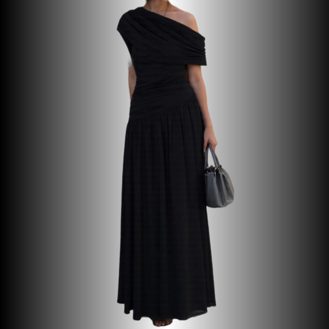 REINAREA New Spring & Summer  Women Asymmetrical Shoulder Ruched Long Dress