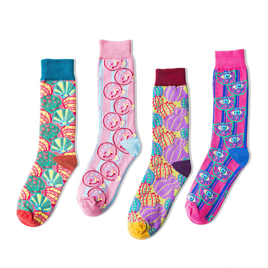 REINAREA 4 Pairs Women’s 100% Cotton Mid-Calf & Crew Athletic Socks - Trendy Skateboard Socks【066】
