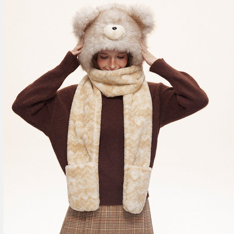 REINAREA  Women's Bear Ear Plush 3-Piece Set Winter Warm Hat Scarf Gloves Combo