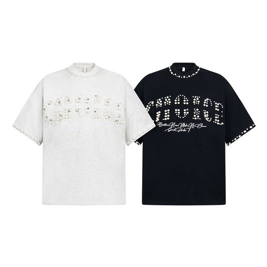 REINAREA Unisex Hiphop Rhinestone-Embellished Letter Print Short-Sleeve T-Shirt Heavyweight Couple’s Half-Sleeve Top