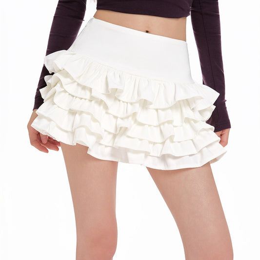 REINAREA White Puffy Tiered Skirt for Women High-Waisted A-Line Mini Skirt 【092】