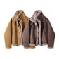 REINAREA Women's Fur Integrated Shearling Jacket Winter Suede Biker Short Stand Collar Coat