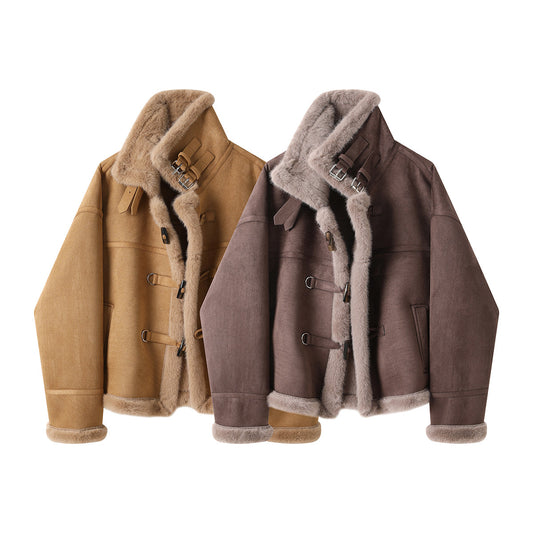REINAREA Women's Fur Integrated Shearling Jacket Winter Suede Biker Short Stand Collar Coat