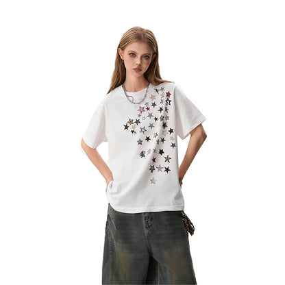 REINAREA Unisex Star-Printed Short-Sleeve T-Shirt Casual Couple’s Half-Sleeve Top【045】