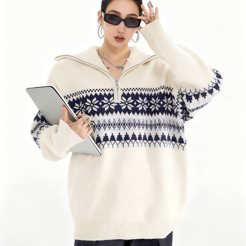 REINAREA Fair Isle Half-Zip Pullover Christmas Knit Sweater【011】