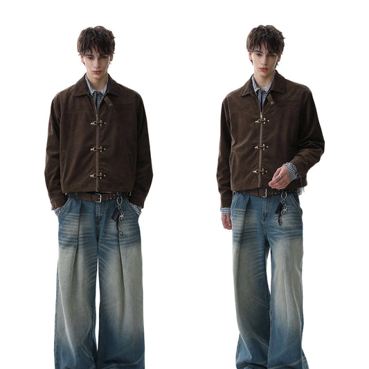 REINAREA Vintage Suede Collar Jacket Men's Short Casual Outerwear