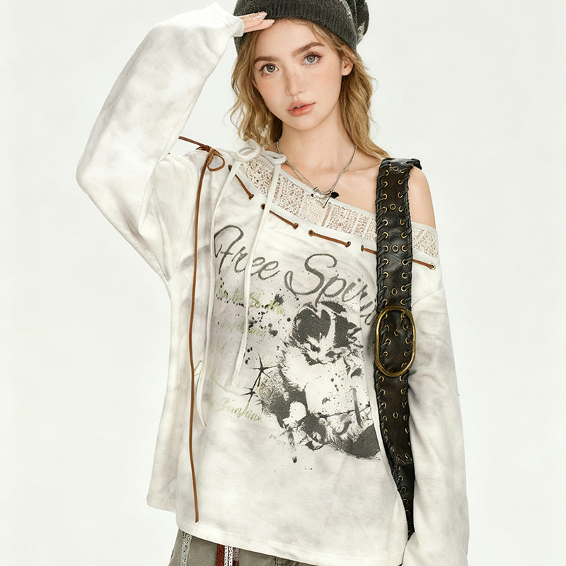 REINAREA American Retro Printed Paneled Stylish Long Sleeve T-Shirt