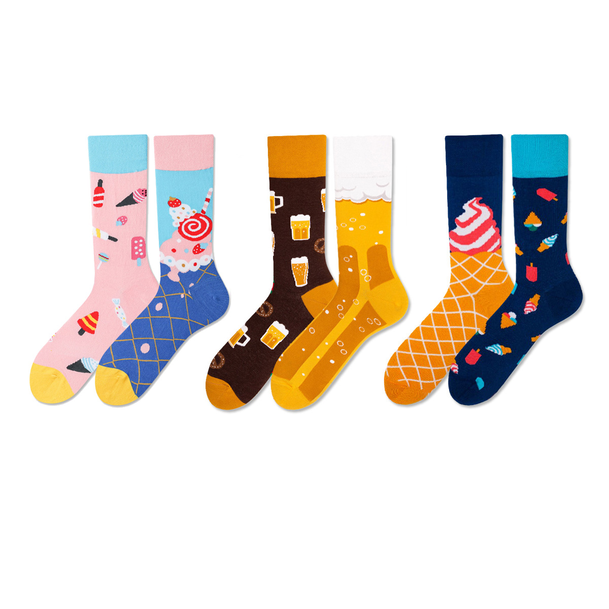 REINAREA Unisex AB Mismatched Mid-Calf Socks - Fun Cartoon Print for Trendy Daily Looks【065】