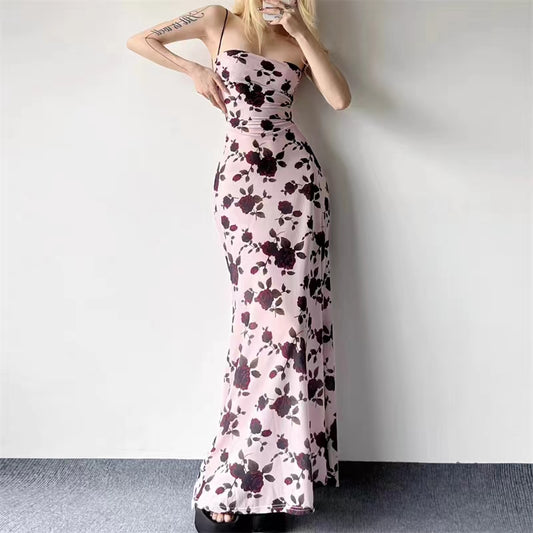 Pink Floral Backless Slip Dress