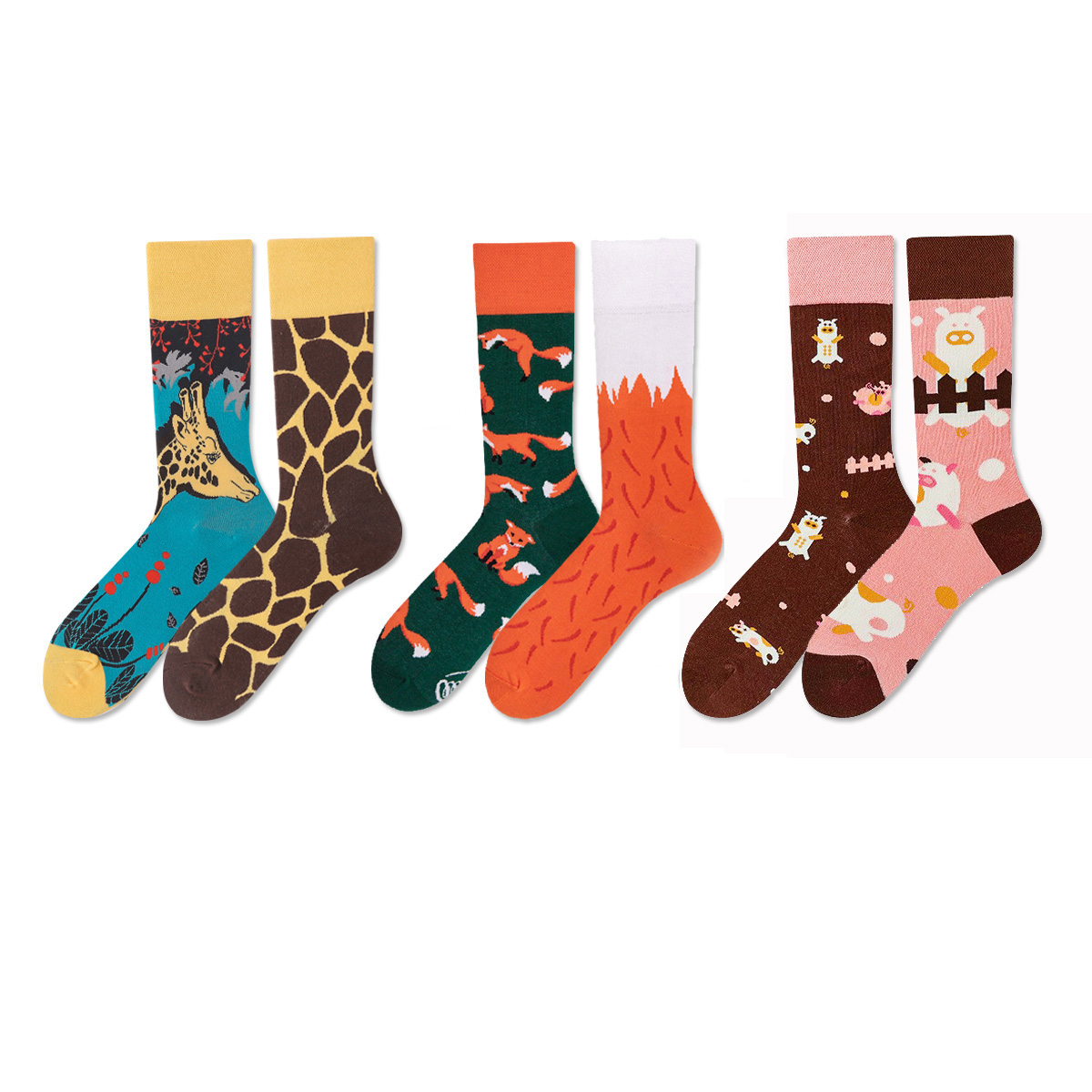 REINAREA Unisex AB Mismatched Mid-Calf Socks - Fun Cartoon Print for Trendy Daily Looks【065】