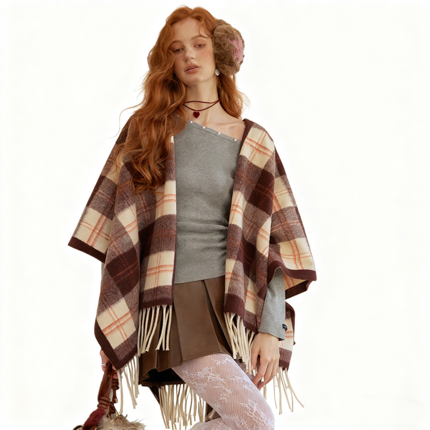 REINAREA Vintage Plaid Fringed Shawl Scarf (Brown & Gray-Blue)