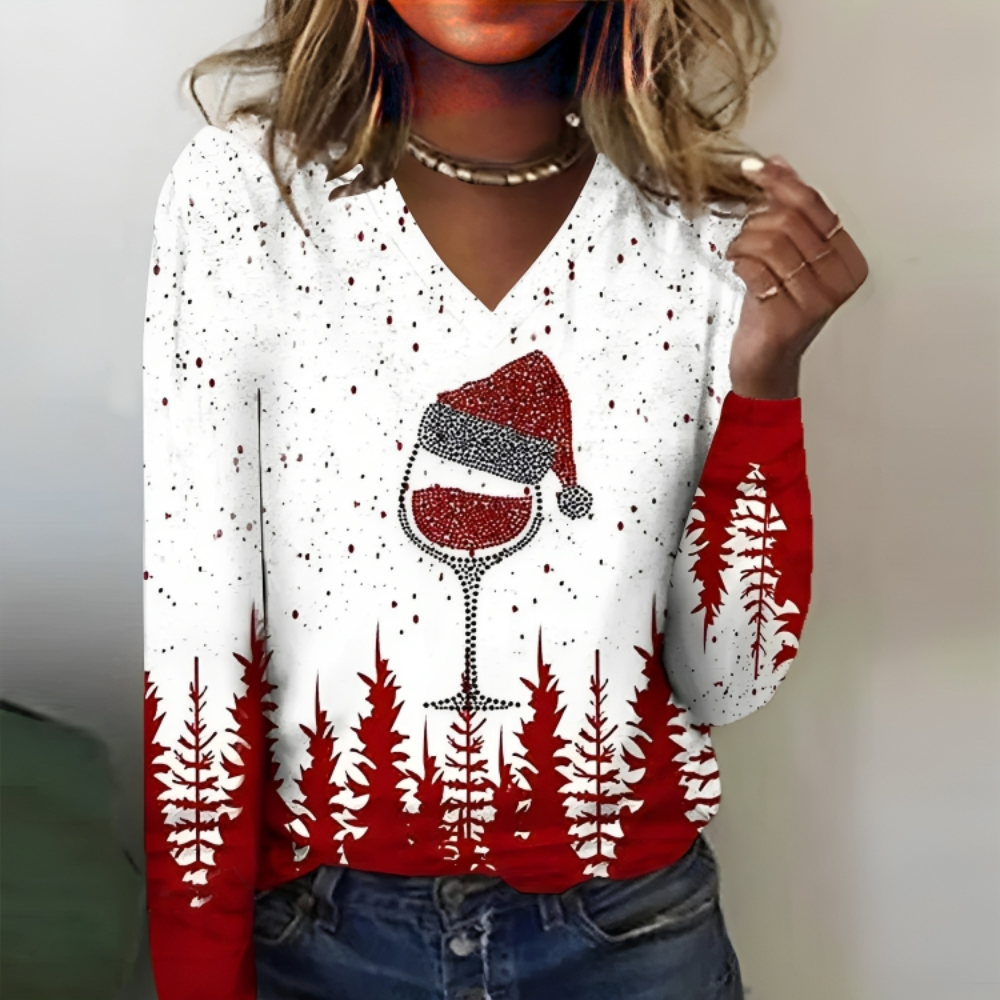 Christmas Tree Wine Glass Print Long Sleeve Top