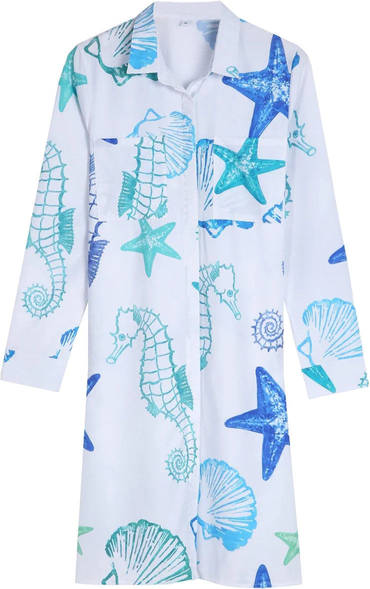 Starfish Seashell Blue White Blouse Dress