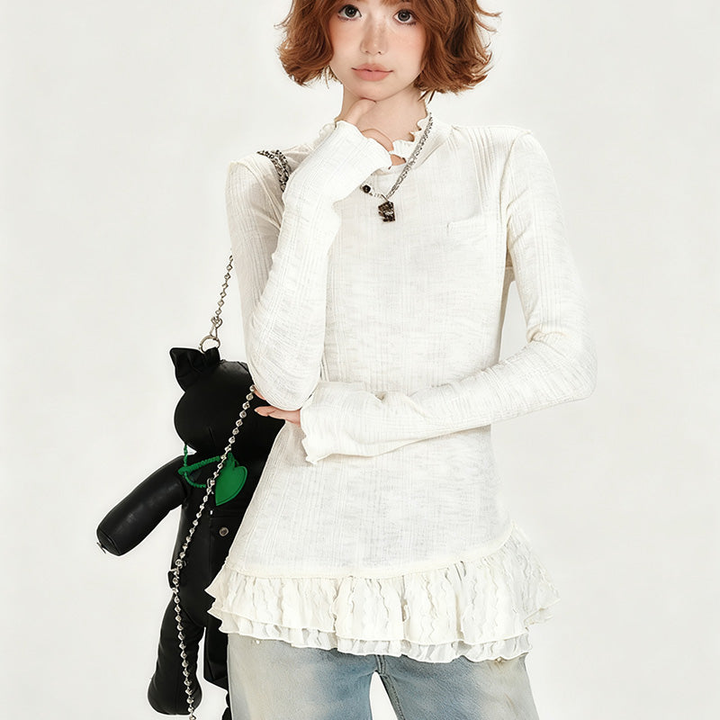 REINAREA Vintage Lace-Paneled Crewneck Long-Sleeve T-Shirt
