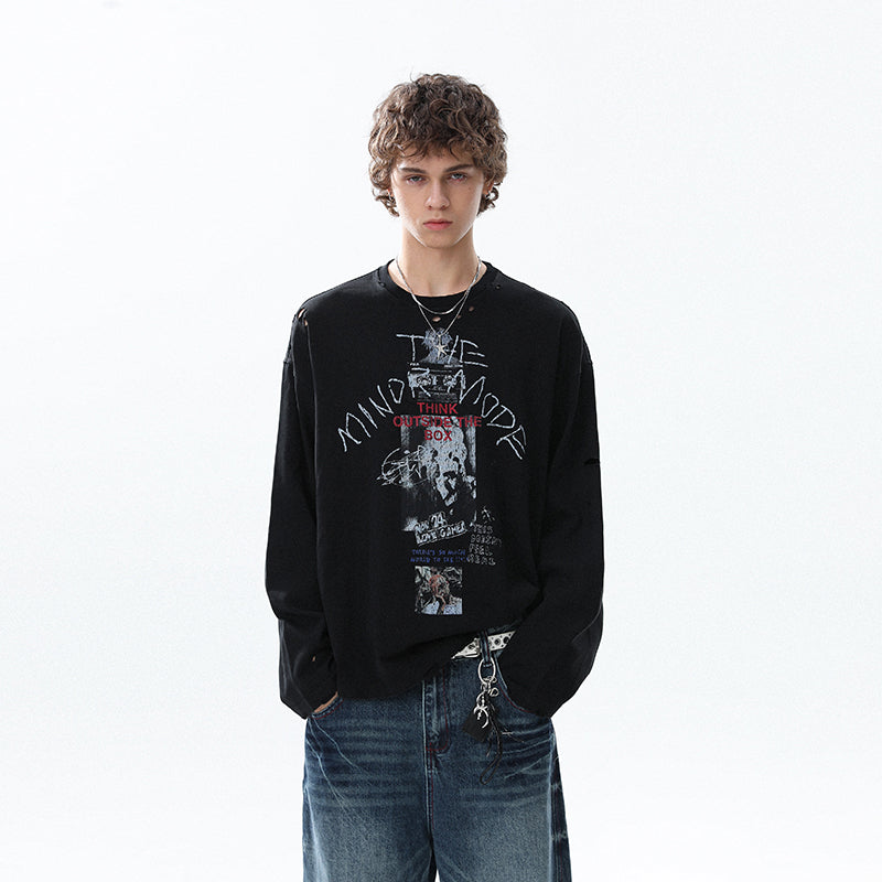 REINAREA Unisex American Retro Printed Long-Sleeve T-Shirts Loose-Fit Couple’s Tops