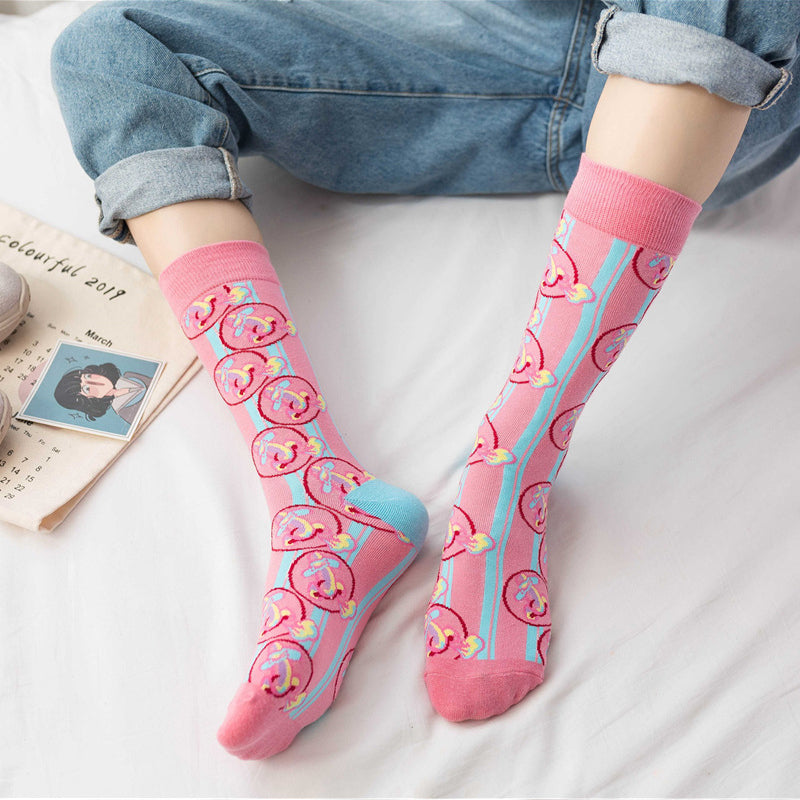 REINAREA 4 Pairs Women’s 100% Cotton Mid-Calf & Crew Athletic Socks - Trendy Skateboard Socks【066】