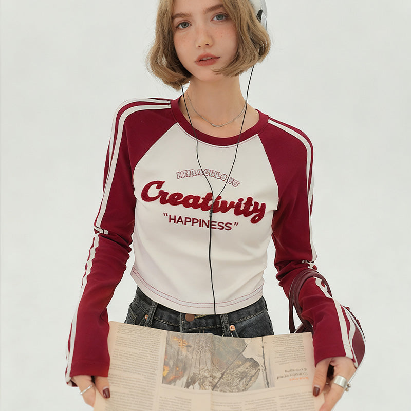 REINAREA Women’s Y2K-Inspired Raglan Long-Sleeve T-Shirt Cropped Top