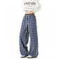 REINAREA Unisex American Retro Blue Plaid Pants Loose Straight-Leg Casual Trousers
