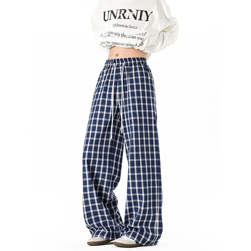 REINAREA Unisex American Retro Blue Plaid Pants Loose Straight-Leg Casual Trousers