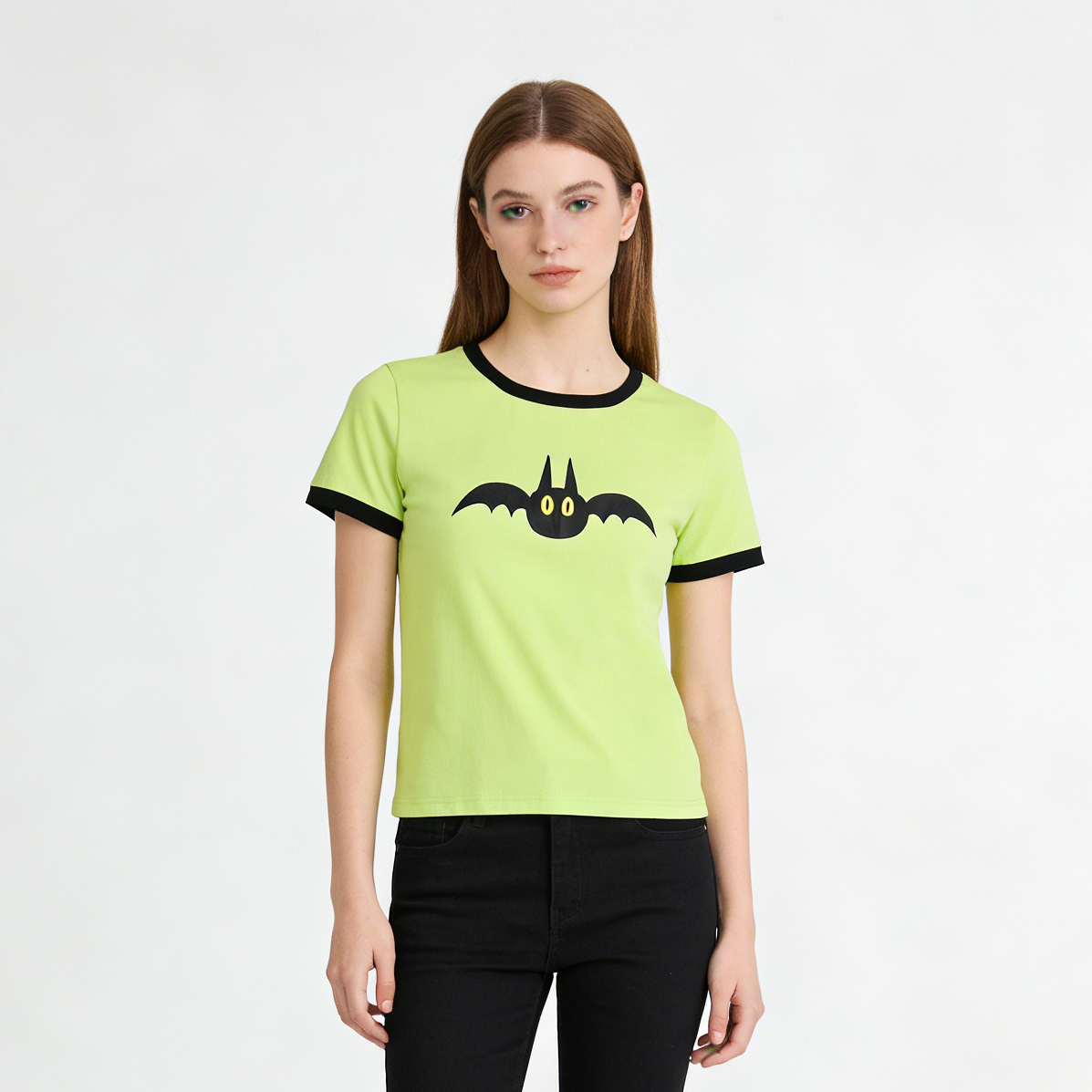 REINAREA Cute Bat Pattern Ringer T-Shirt Black & Neon Green Short Sleeve Crew Neck Tee Unisex