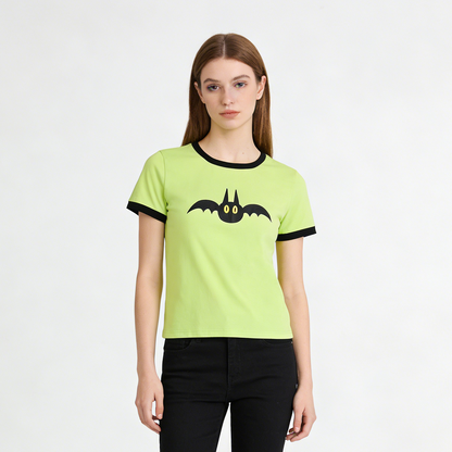 REINAREA Cute Bat Pattern Ringer T-Shirt Black & Neon Green Short Sleeve Crew Neck Tee Unisex