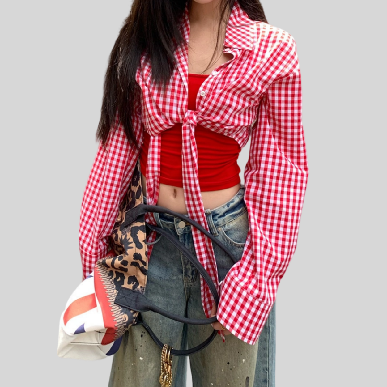 REINAREA New Spring Summer Women's Retro Y2K Red Plaid Shirt