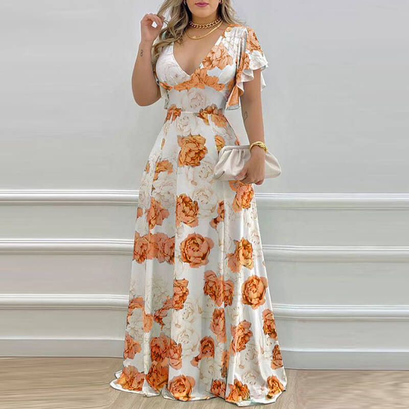 Floral V-Neck Waist-Slimming Printed Dress