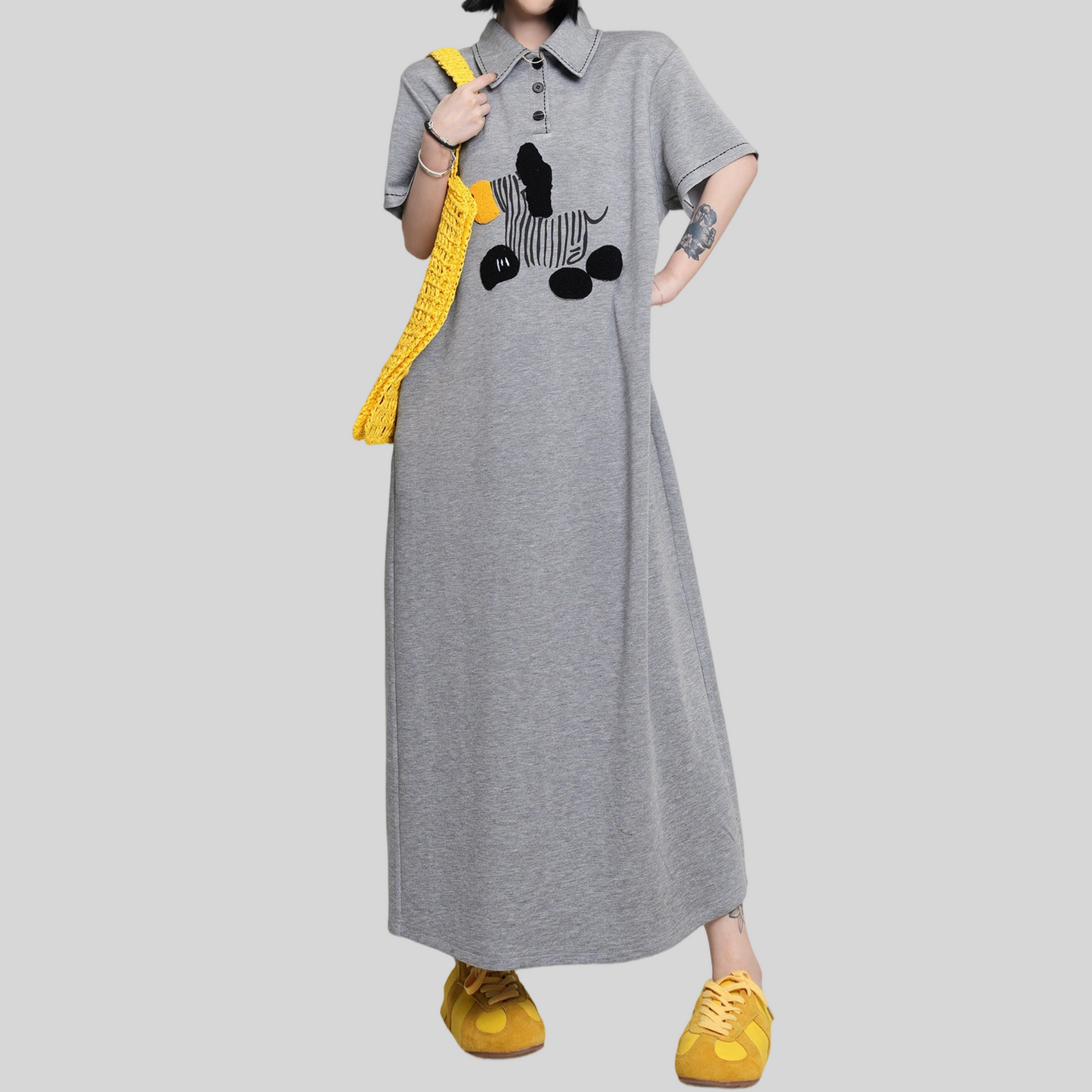 REINAREA New Spring & Summer Printed Lapel Dress Women Loose Straight Long Dress