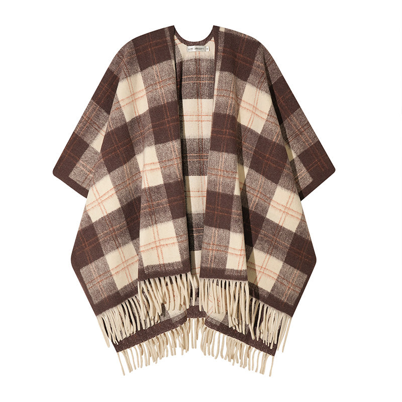 REINAREA Vintage Plaid Fringed Shawl Scarf (Brown & Gray-Blue)