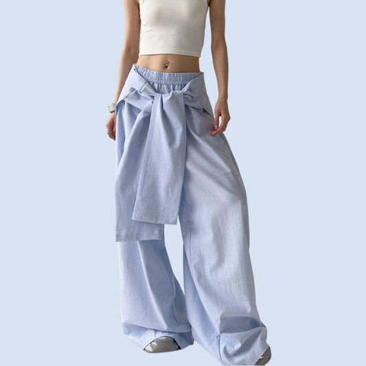 REINAREA New Spring Summer Striped Casual Pants Women's Tie Waist Loose Floor-Length Trousers