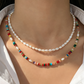 REINAREA Women’s Natural Pearl & Rainbow Stone Dopamine Beaded Necklace - Autumn & Winter Clavicle & Sweater Chain【059】
