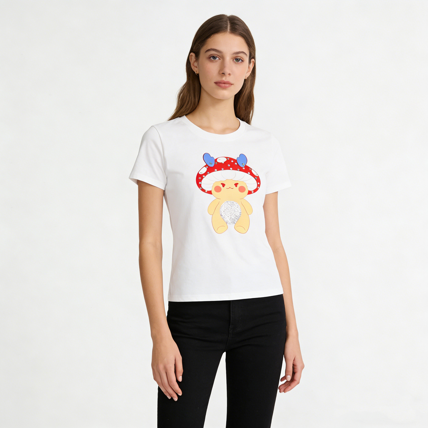 REINAREA Cartoon Mushroom Print Short-Sleeve T-Shirt - Women’s Summer American-Style Regular Fit Cropped Top
