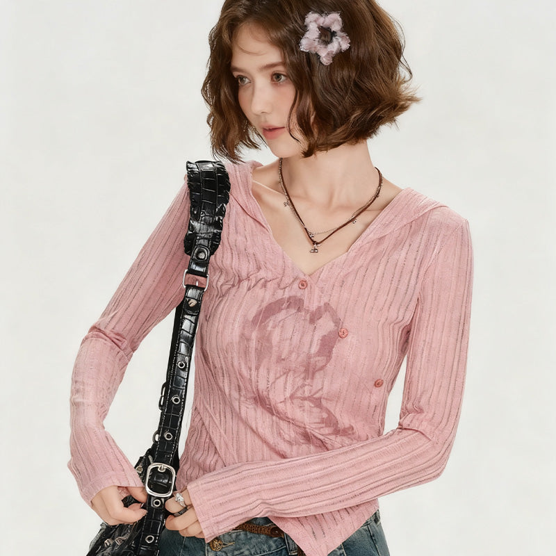 REINAREA Printed Hooded Long Sleeve T-Shirt Asymmetrical Top