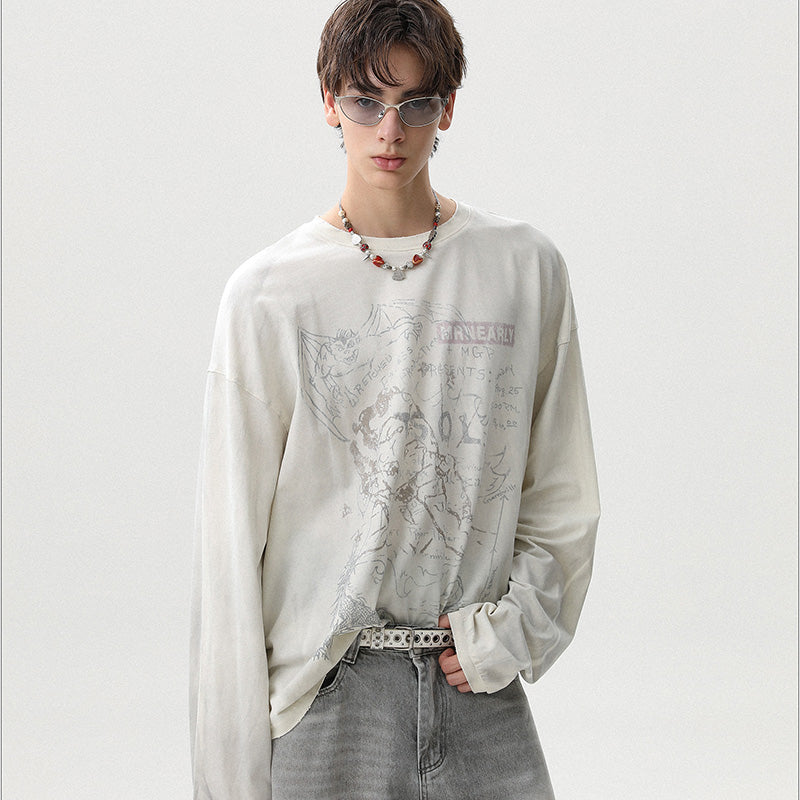 REINAREA Unisex American Retro Washed Cotton Long-Sleeve T-Shirt Loose-Fit Top