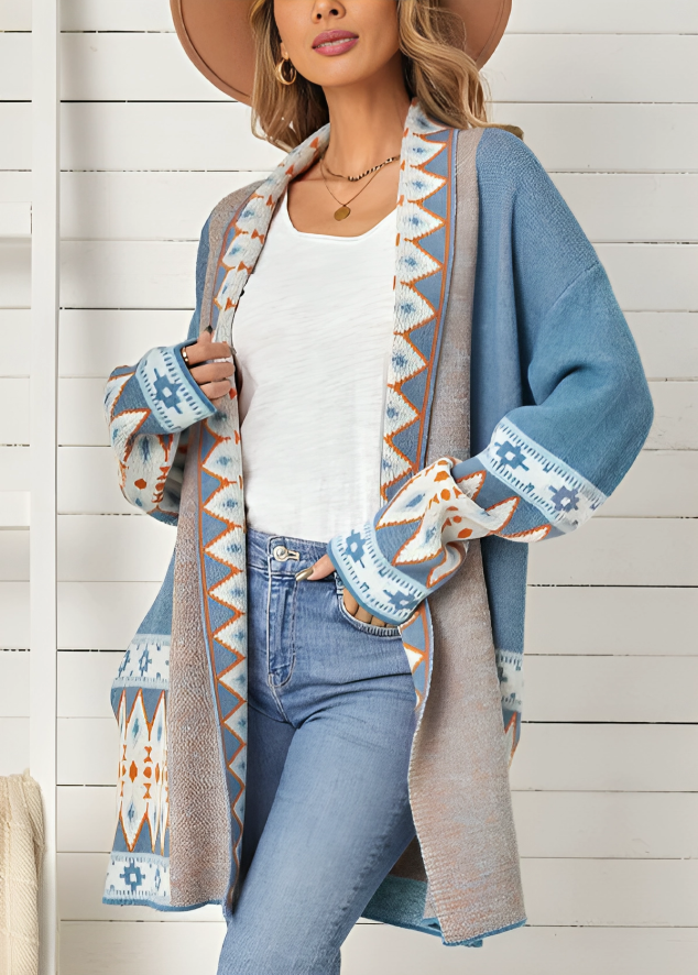 Fresh Print Long Sleeve Blue Cardigan