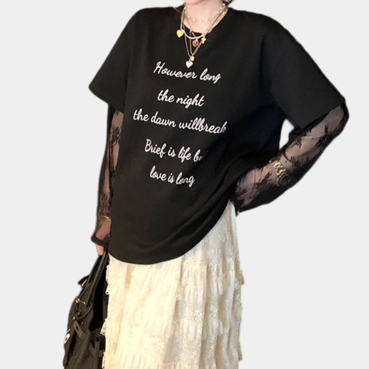 REINAREA New Spring Summer Fake Two-Piece Lace Splicing Long Sleeve T-Shirt