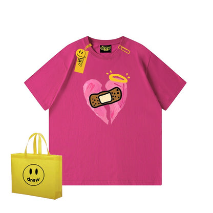 REINAREA Unisex Heart Print Short-Sleeve T-Shirt - Street Trendy Loose-Fit 100% Cotton Couple Top【074】