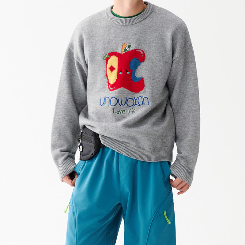 REINAREA Unisex Apple-Embroidered Knit Crewneck Top / Couple Outfits (Green, Gray, Navy Blue, White)